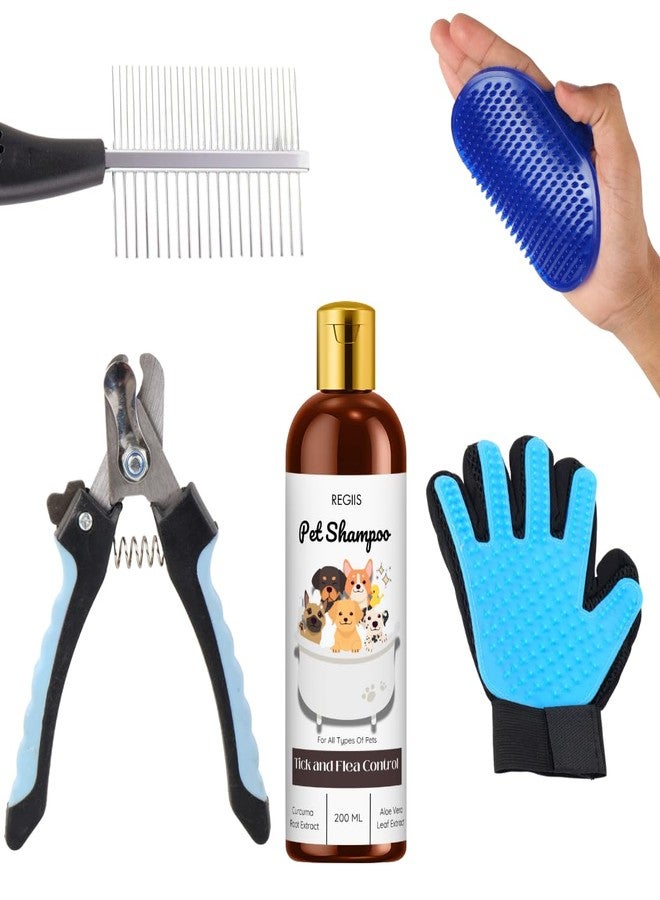 مجموعة ريجيس للعناية بالحيوانات الأليفة، مجموعة من 5 قطع تشمل شامبو لمكافحة القراد والبراغيث، مقص أظافر، فرشاة لإزالة الشعر الزائد، قفاز للعناية، مشط معدني للكلاب، 200 مل - Image 1